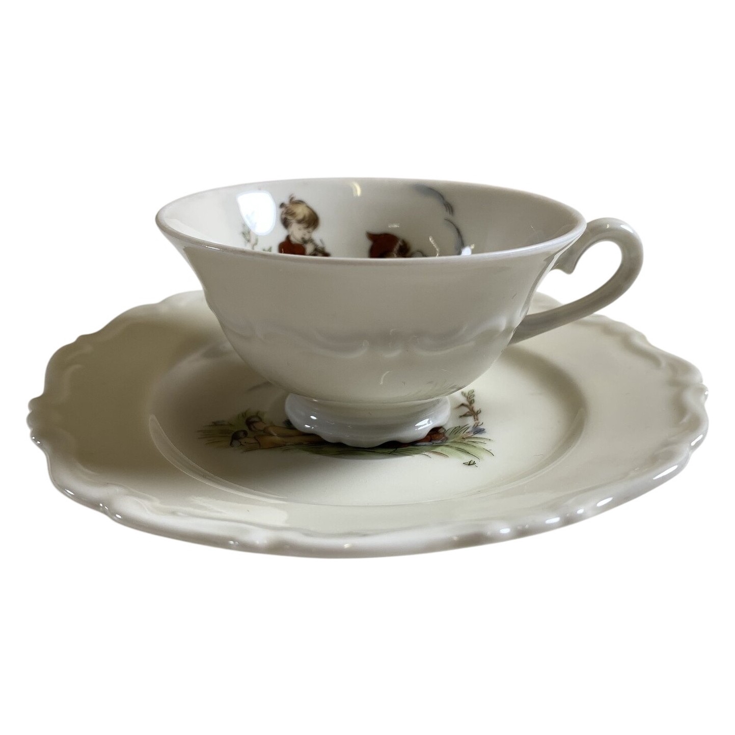 Retro Kopp Fat Porslin Barnmotiv Vit Dekor Lantlig Vintage
