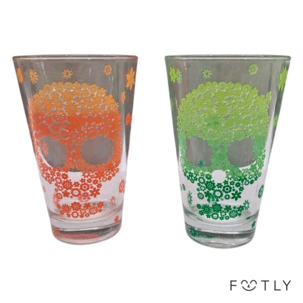 2 st Glas Döskalle Blommor Orange Grön Retro Vattenglas Dricksglas Groggglas