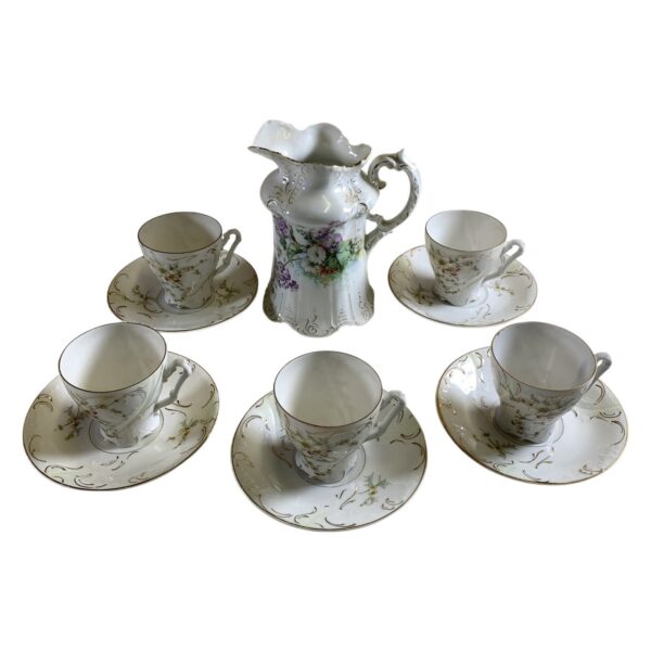 Kaffeservis 5 Koppar Fat Kanna Porslin Blommor Gulddekor Vit Vintage