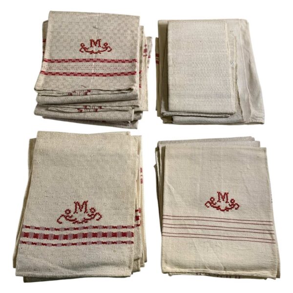 Parti Kökshanddukar Linne Broderad Monogram Röd Rand Vintage