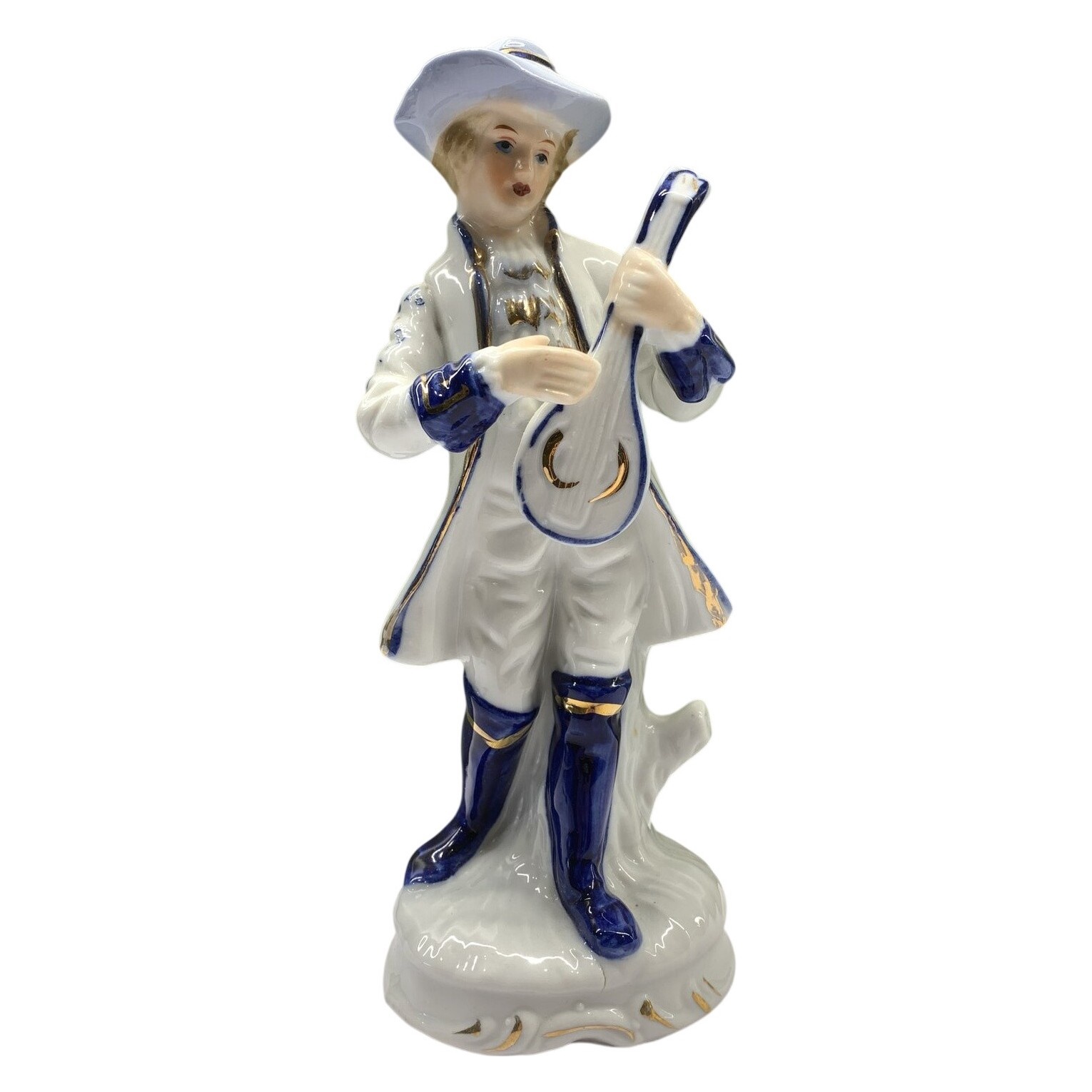 Figurin Porslin Pojke Gitarr Blå Vit Guld Dekor Klassisk Stil