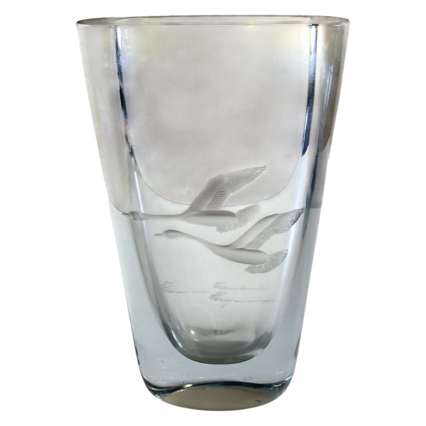 Signerad Vas Glas Graverade Svanar Rektangulär Klar Inredning Vintage Retro