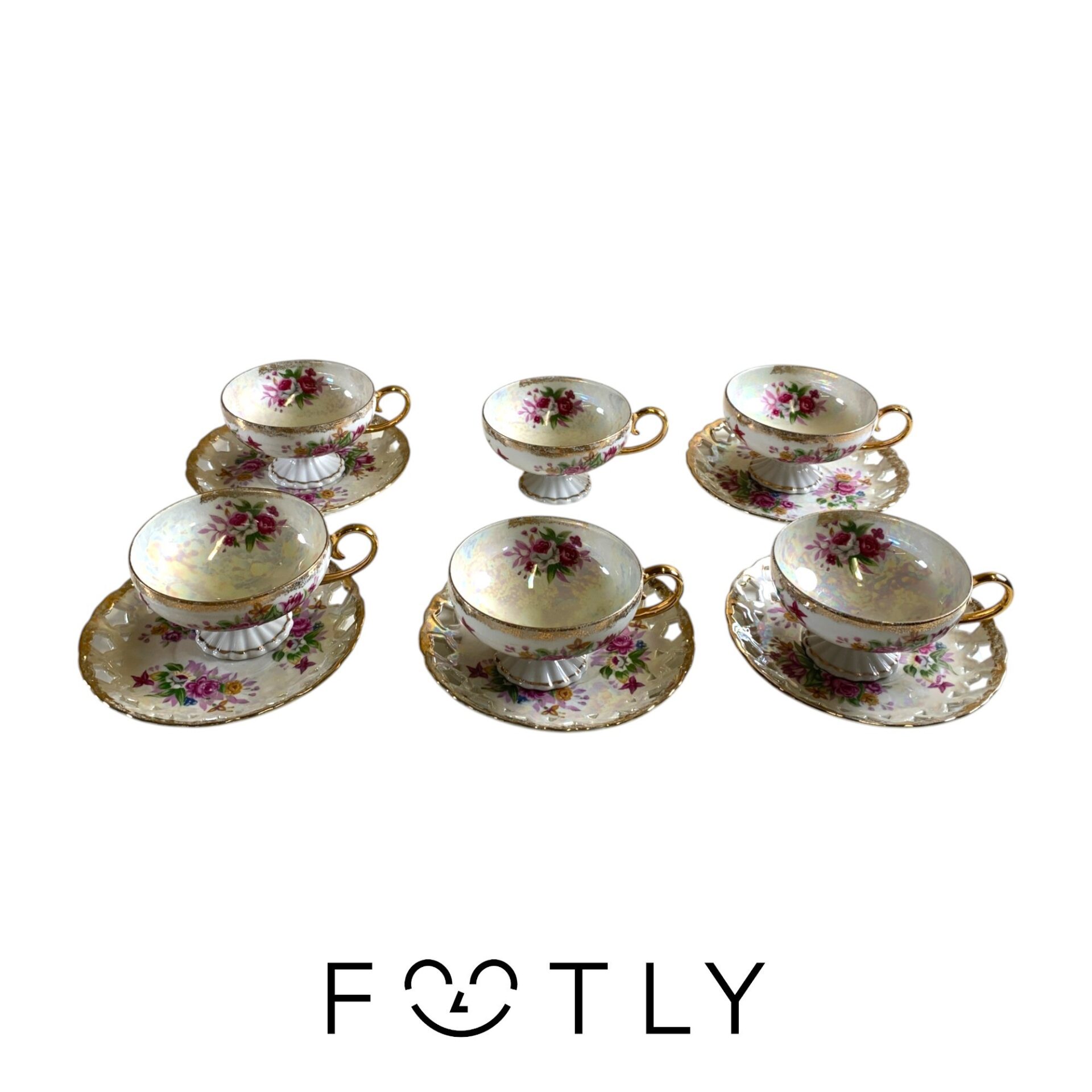 Vintage Kaffekoppar Fat 11 delar Guldkant Blommor Retro Design