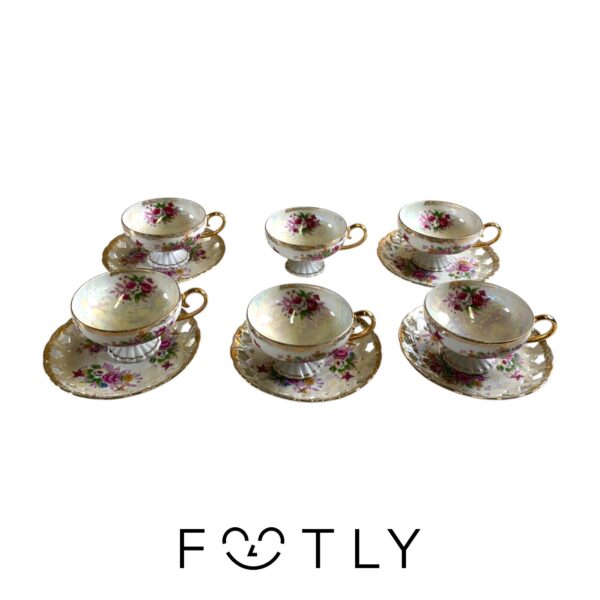Vintage Kaffekoppar Fat 11 delar Guldkant Blommor Retro Design