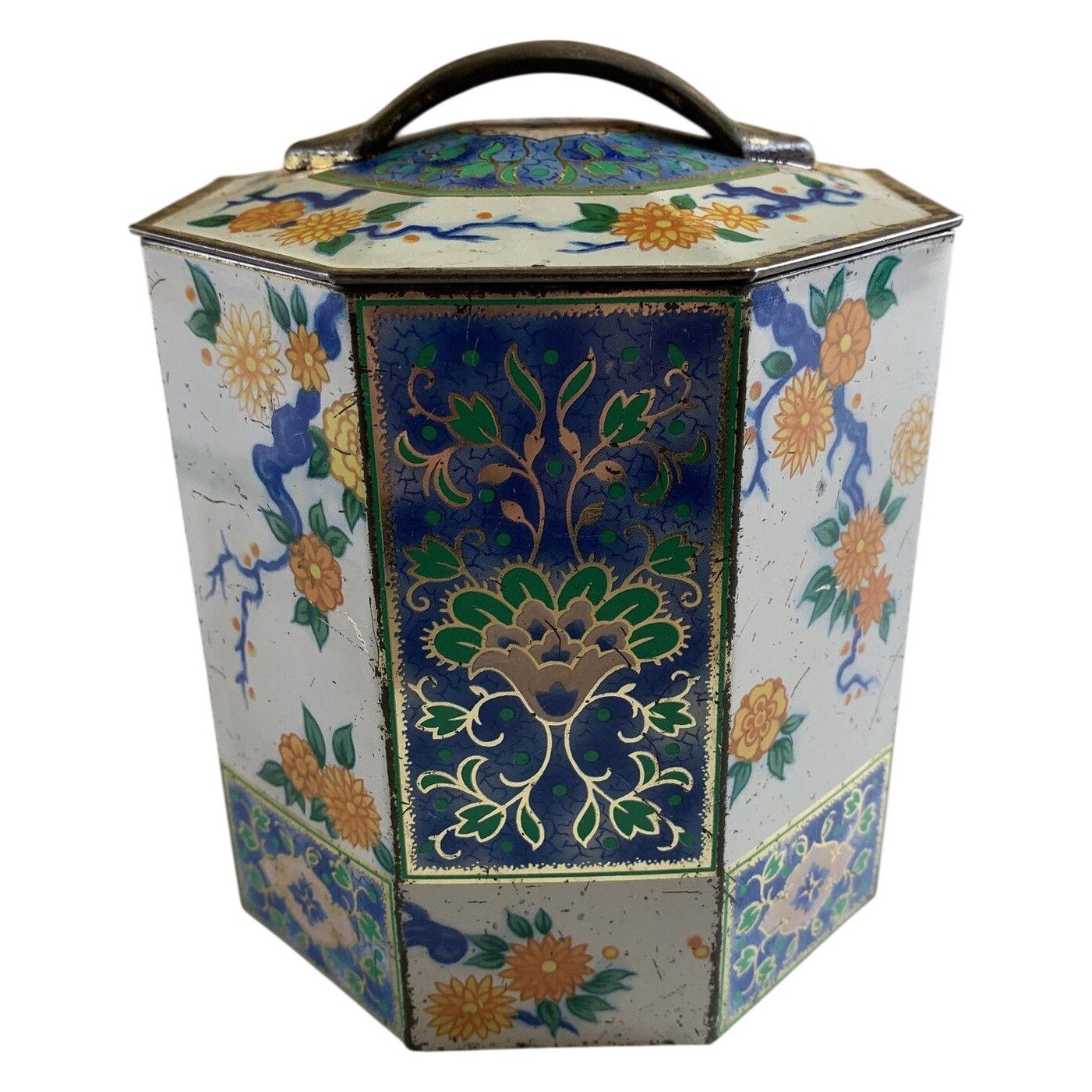 Plåtburk Oktagonal Blommor Flerfärgad Lock Retro Te Förvaring Vintage Retro