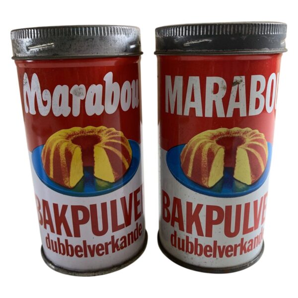 2 st Marabou Bakpulver Burk Plåt Retro Dubbleverkan Röd Vit Dekor