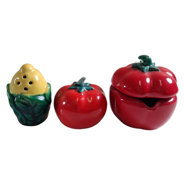 3 st Kryddkar Marmeladburk Keramik Tomat Majs Saltkar Pepparkar Retro Vintage