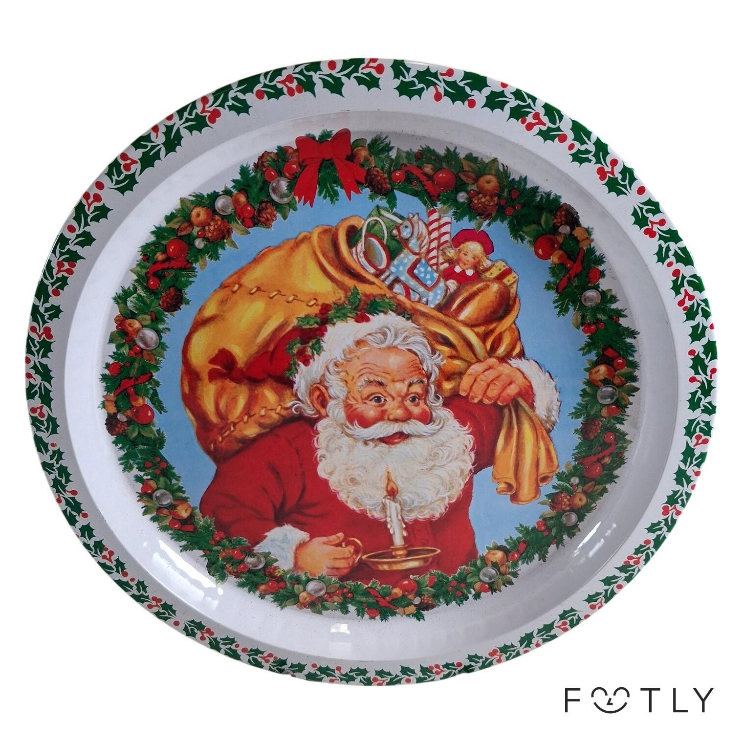 Bricka Julmotiv Tomte Plåt Rund Vintage Julbricka Serveringsbricka Röd Grön