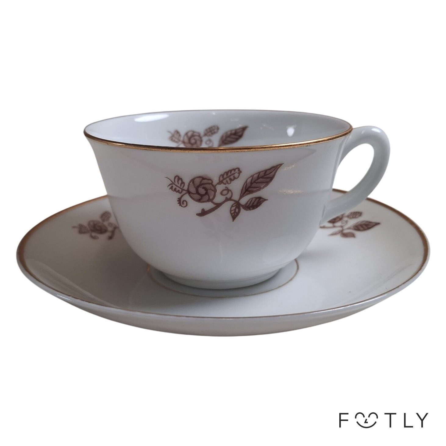Karlskrona KJP Kaffekopp Fat Porslin Vit Gulddekor Blommor Vintage Kopp