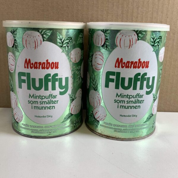 2 st Marabou Fluffy Mintpuffar Plåtburk Retro Grön Vit Samlarburk Plåtburk
