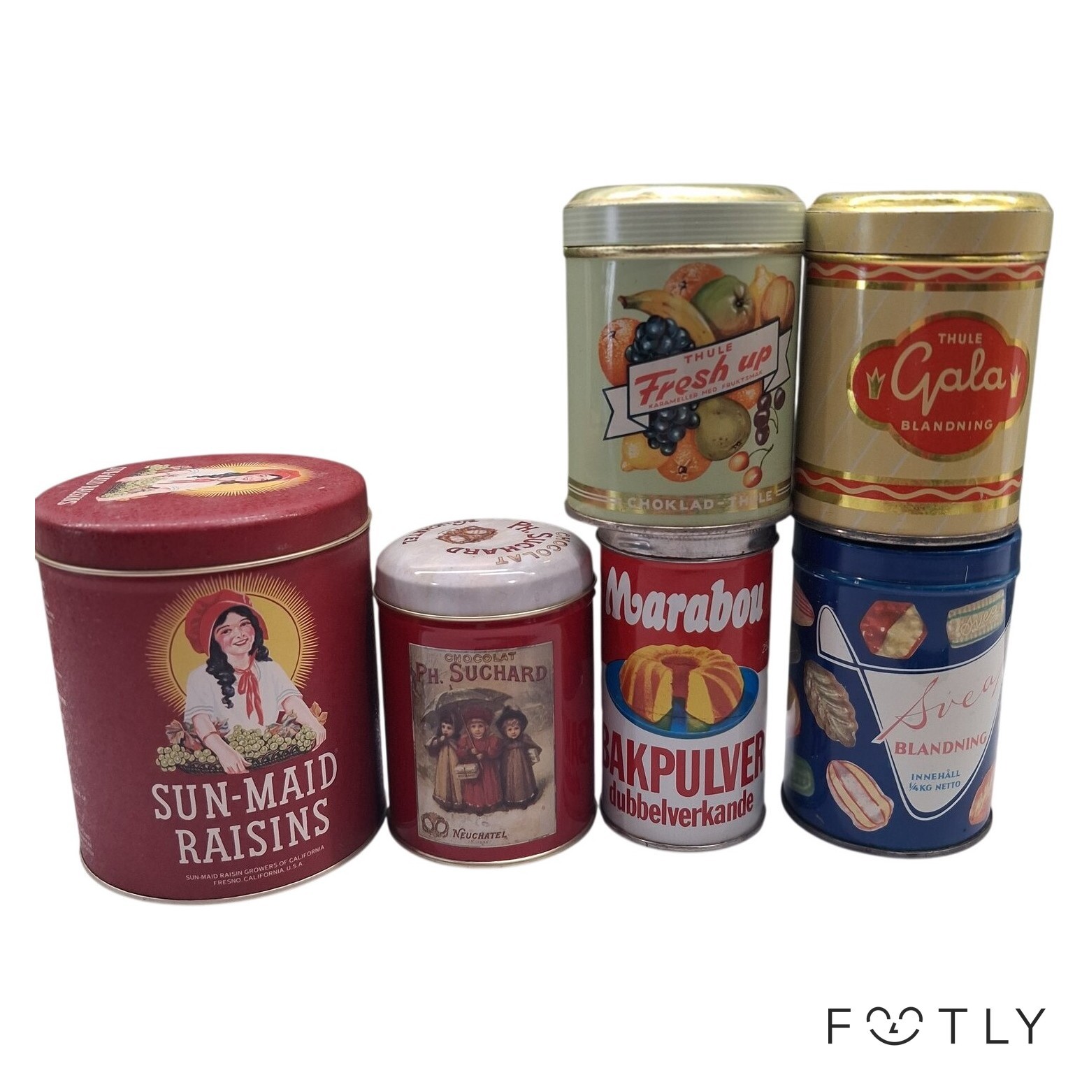 Parti 6 st Retro Plåtburkar Vintage Sun-Maid Marabou Thule Gala Svea Plåt Burk