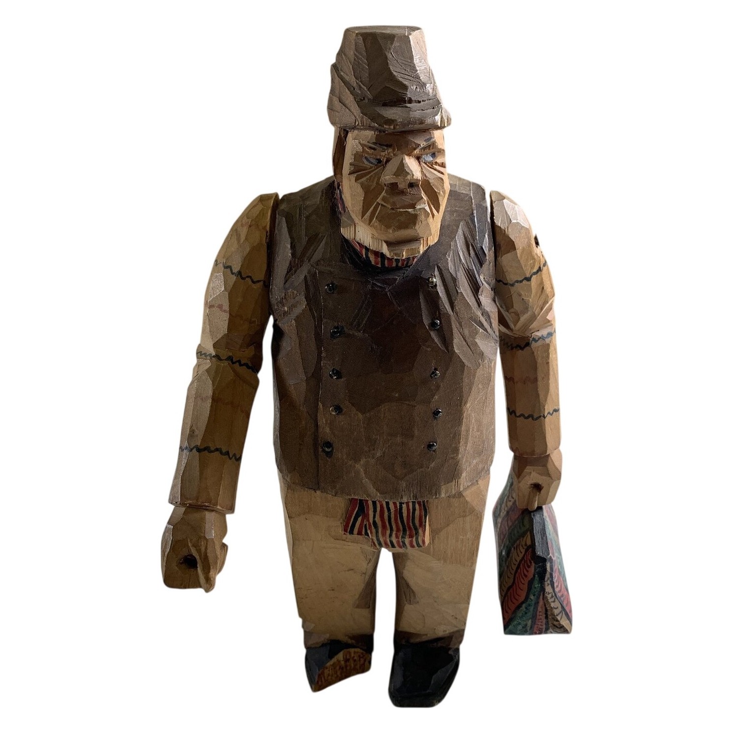 Träfigur Handgjord Snidad Gubbe Folkkonst Brun Färg Dekorativ Skulptur