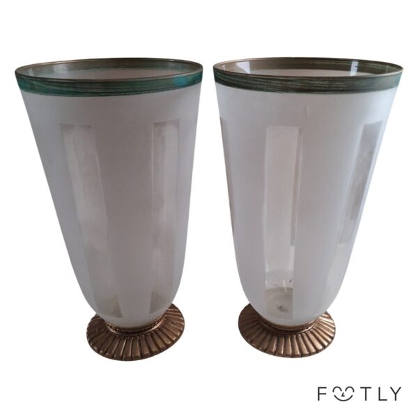 2 st Glasvaser Frostad Vit Guld Dekor Metallfot Vas Blomvas Art Deco Stil