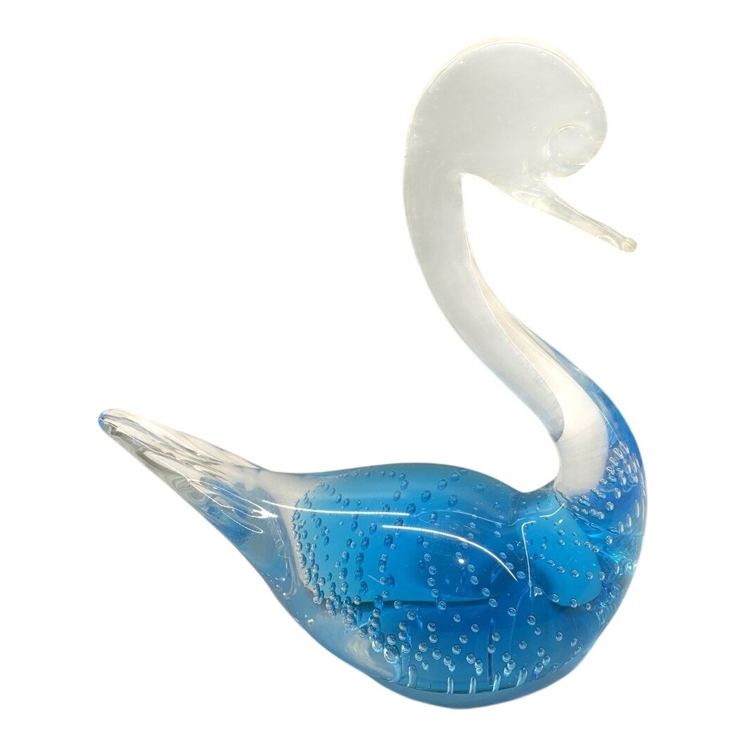 Glasfigur Svan Blå Klar Glas Bubblor Dekor Skulptur Retro Konstglas