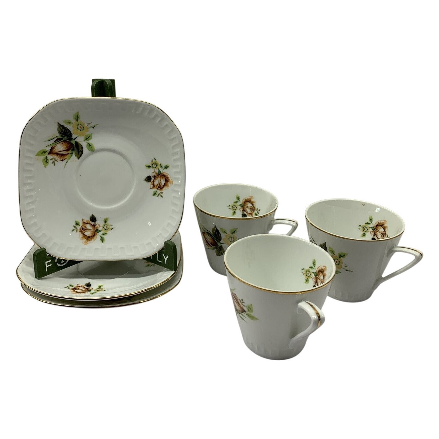 Wawel 3 St Kaffekoppar med Fat Porslin Blommor Gulddekor Retro Made in Poland