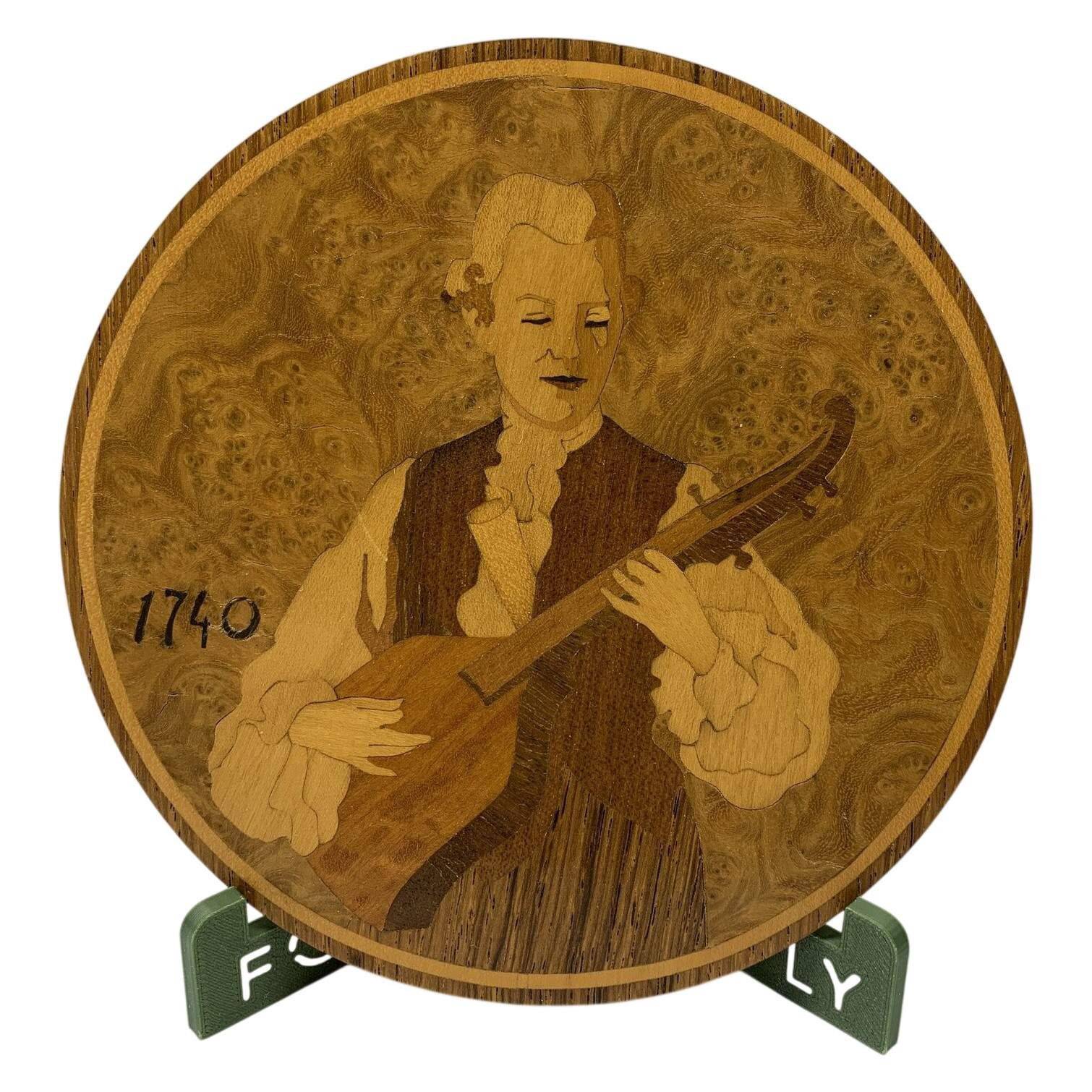 Väggtavla Intarsia Trä Musiker 1740 Rund Brun Retro Inredning