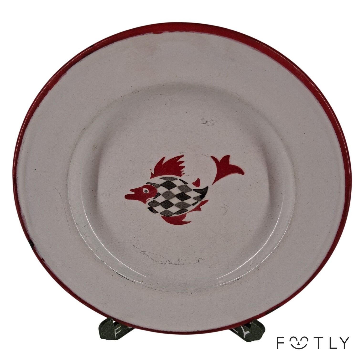 Kockums Nerman Tallrik 20 cm Vintage Emalj Röd Vit Fiskmotiv Sweden Fat