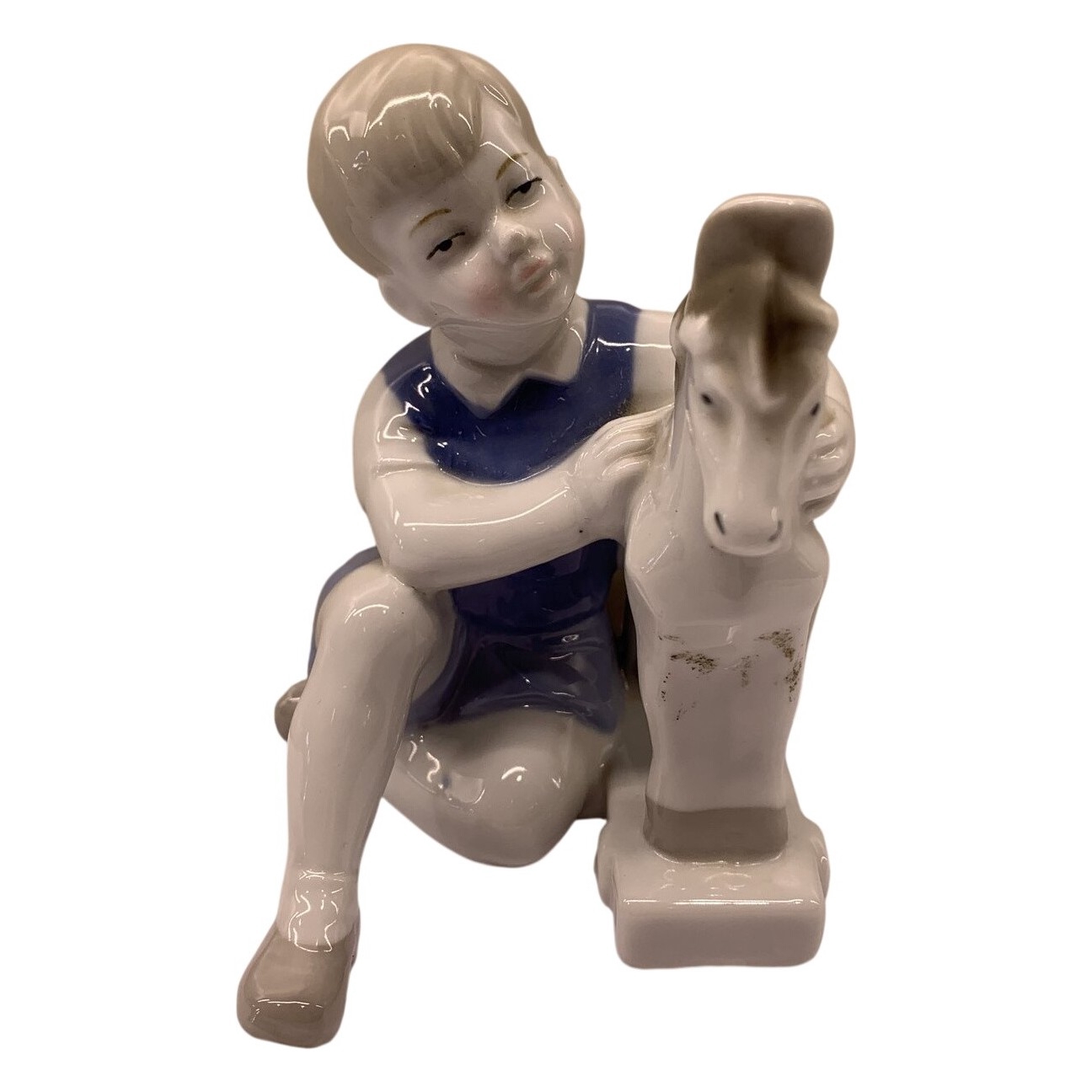 Wagner & Apel Pottery Porslins Figurin Pojke Med Häst Blå Vit Retro Germany