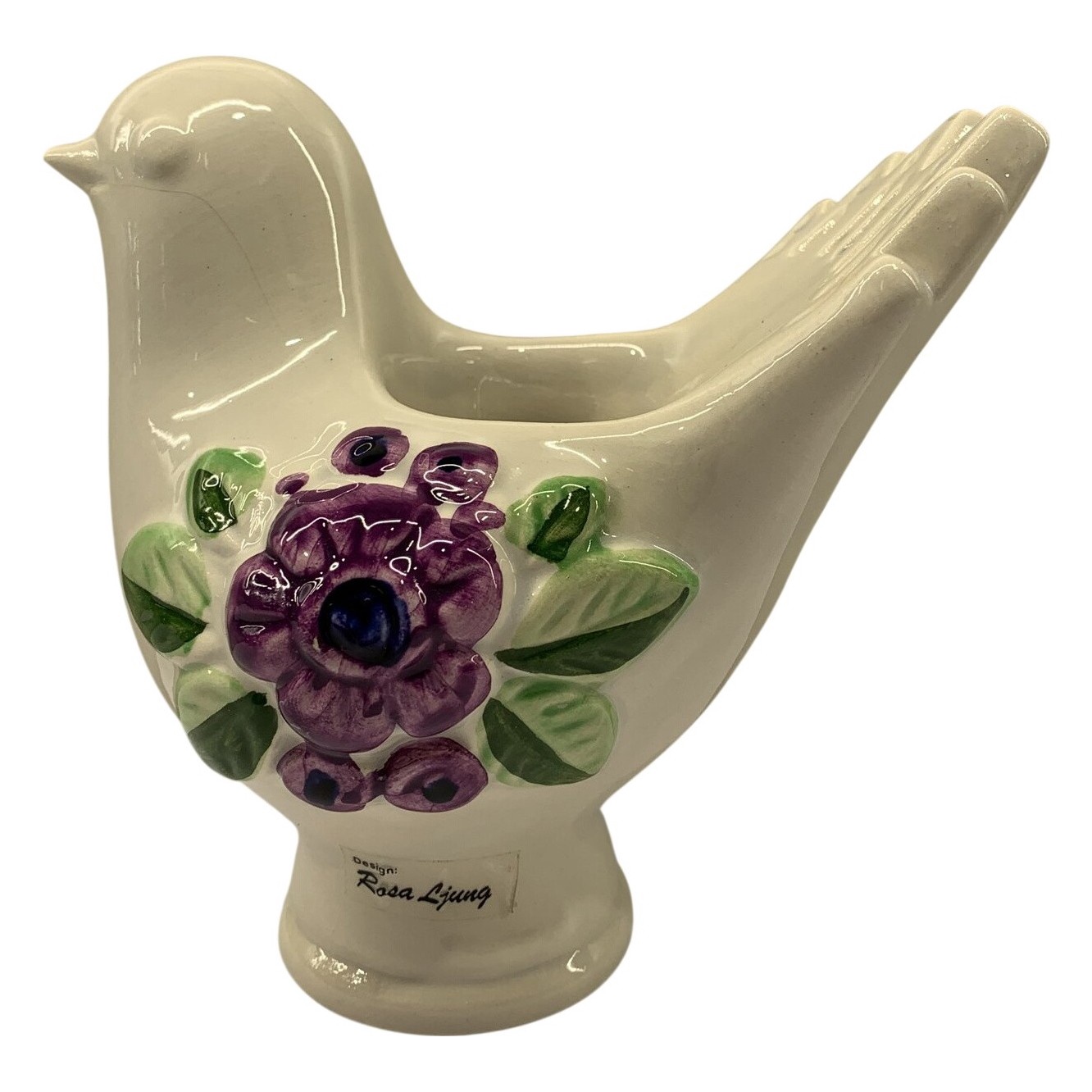 Rosa Ljung Deco Handmålat Fågel Vas Keramik Lila Blommor Design Rosa Ljung