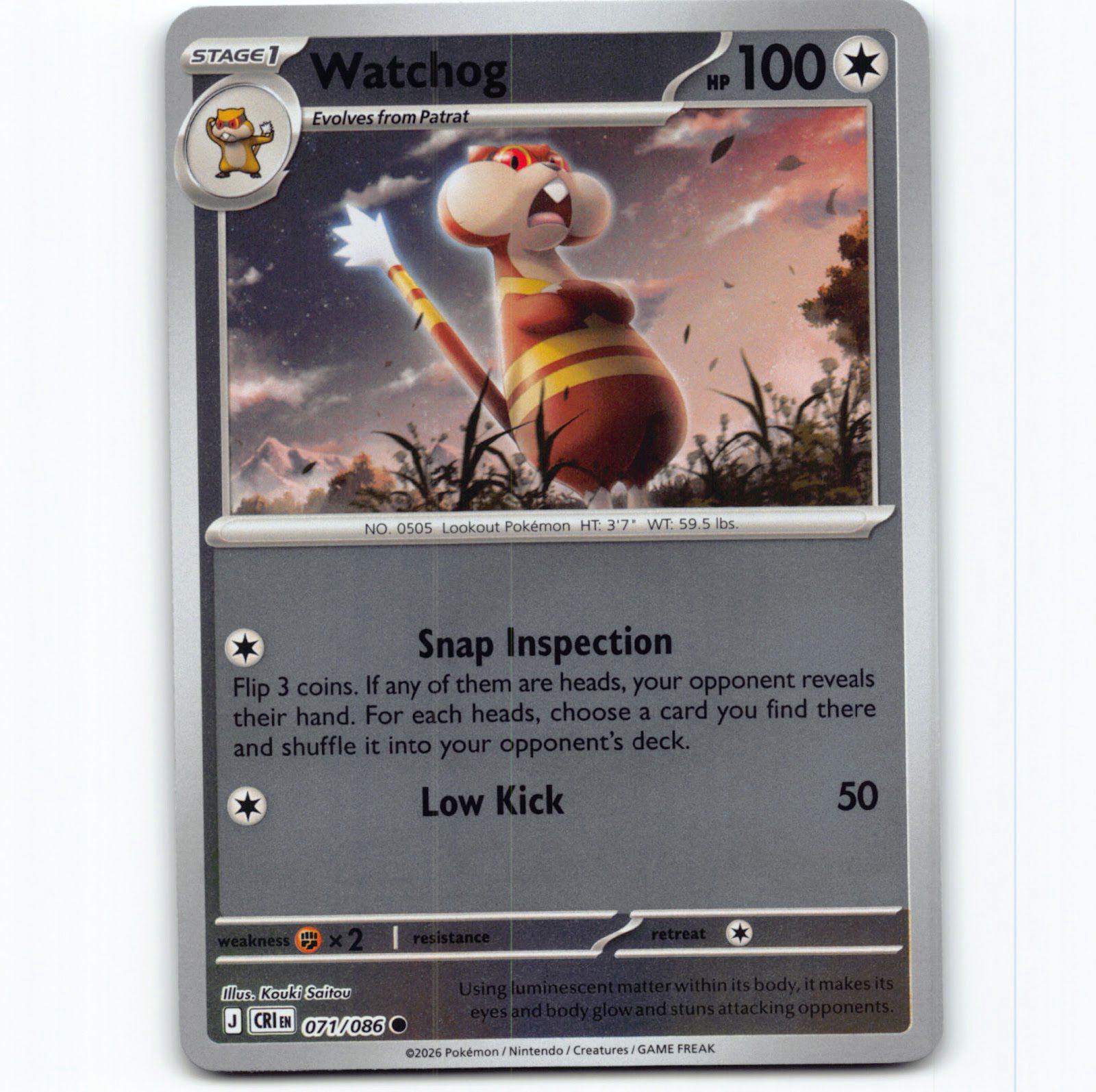Pokémon Watchog CRI EN 071/086 Reverse Holo Pokemon Kort Chaos Rising Mega Evolution