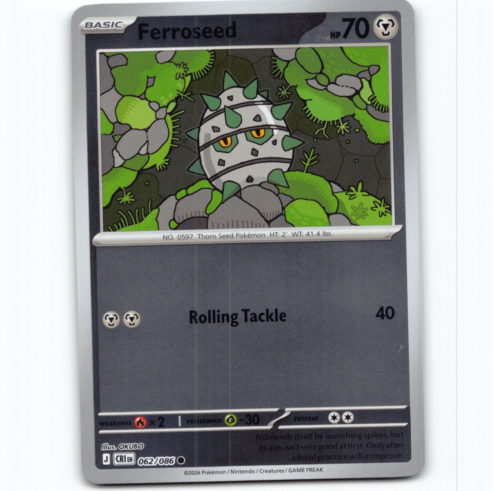 Pokémon Ferroseed CRI EN 062/086 Reverse Holo Pokemon Kort Chaos Rising Mega Evolution