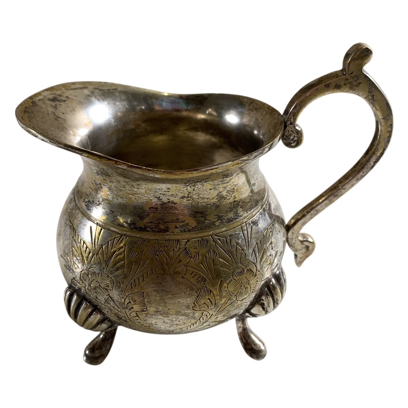 Nysilver Gräddkanna Metall Graverad Blommor Fötter Vintage Dekor Ny Silver