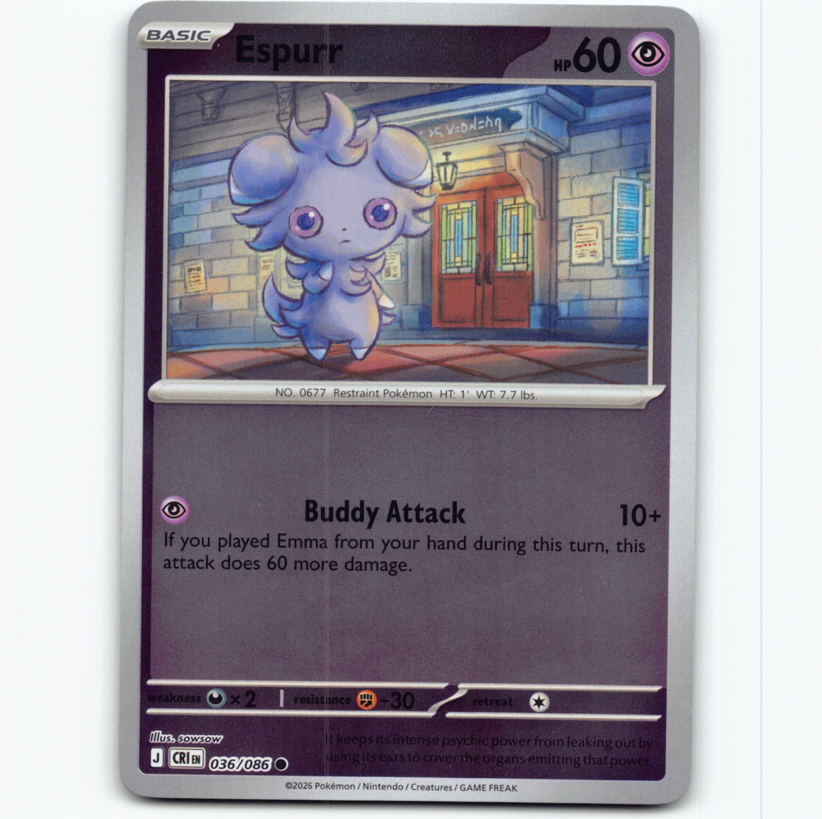 Pokémon Espurr CRI EN 036/086 Reverse Holo Pokemon Kort Chaos Rising Mega Evolution