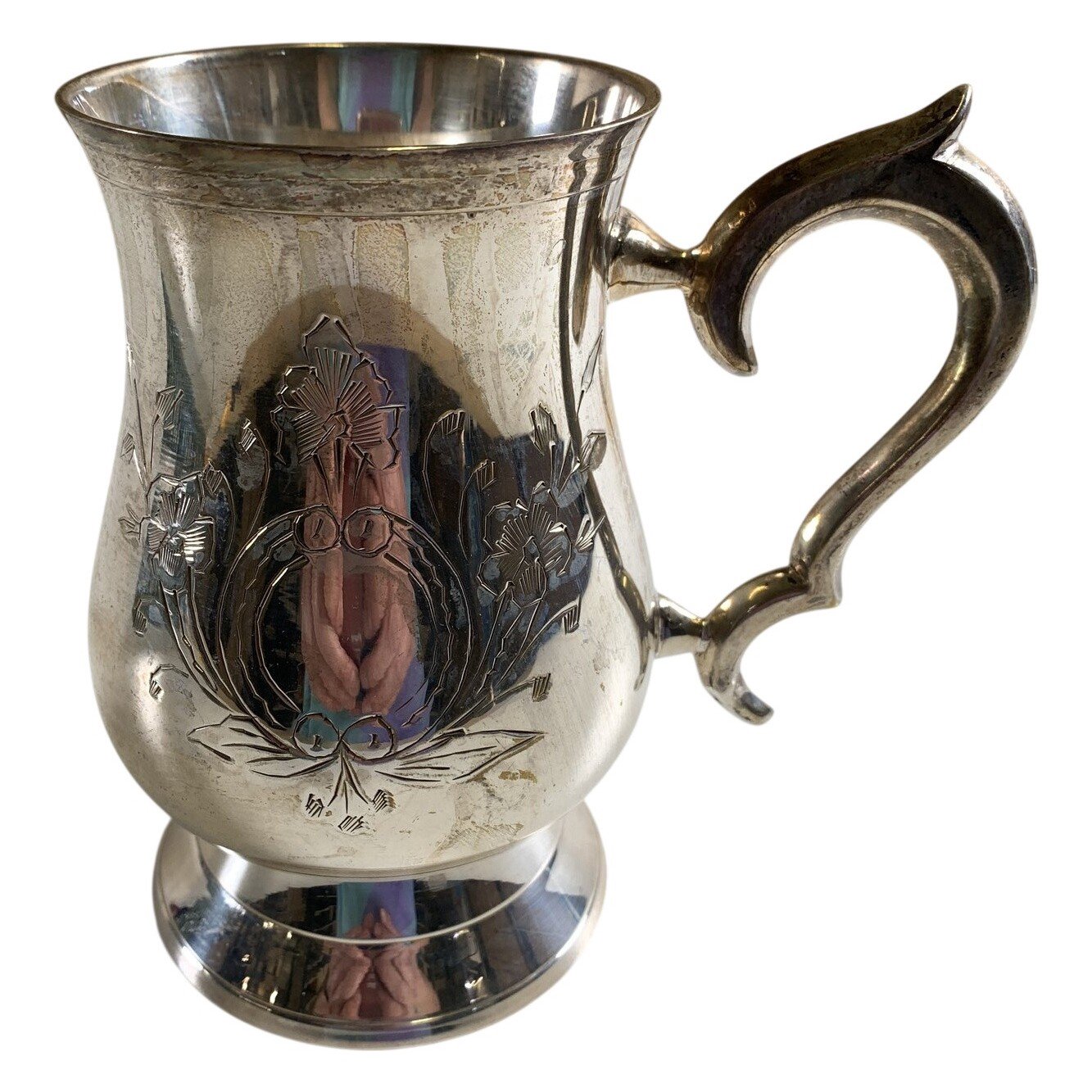 Nysilver Mugg EPNS Graverad Blommönster Silverpläterad Metall Vintage Ny Silver