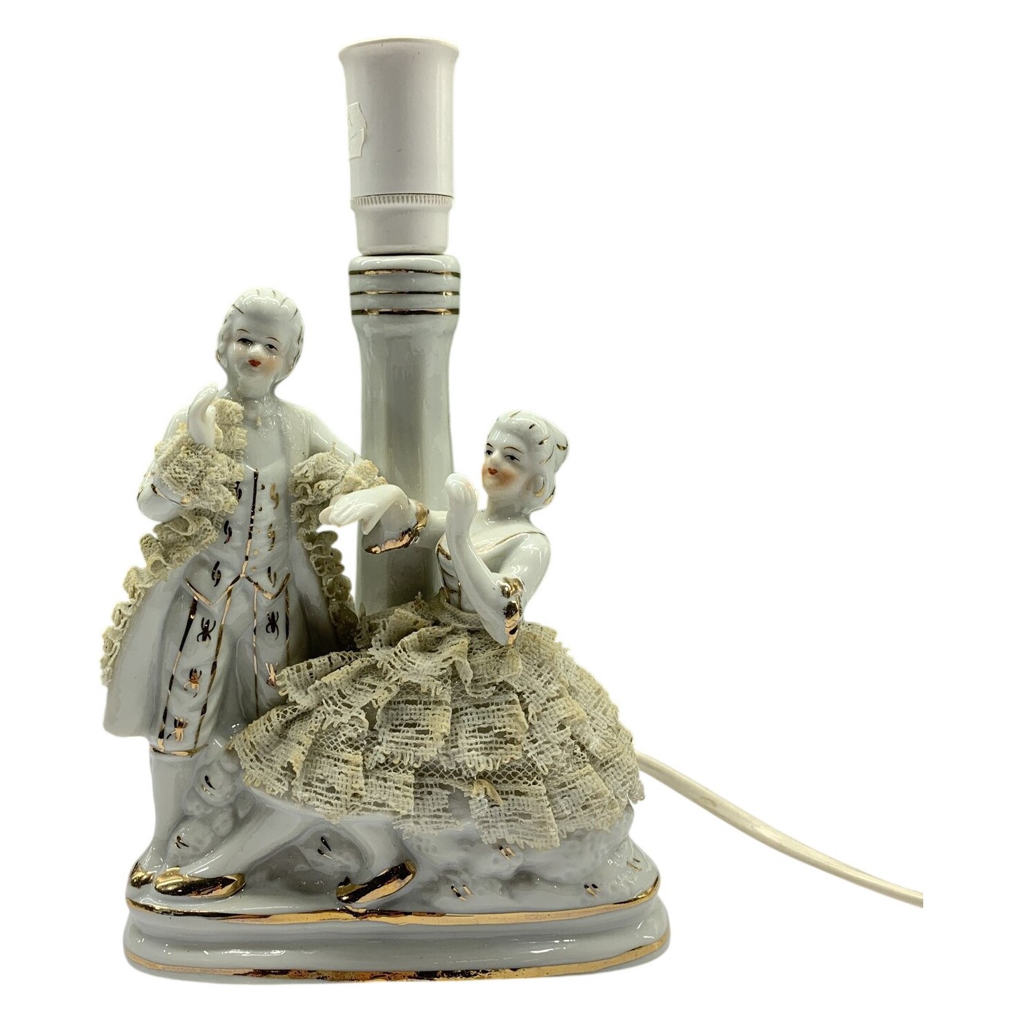 Bordslampa Porslin Rokoko Figurer Vit Guld Dekor Vintage Import