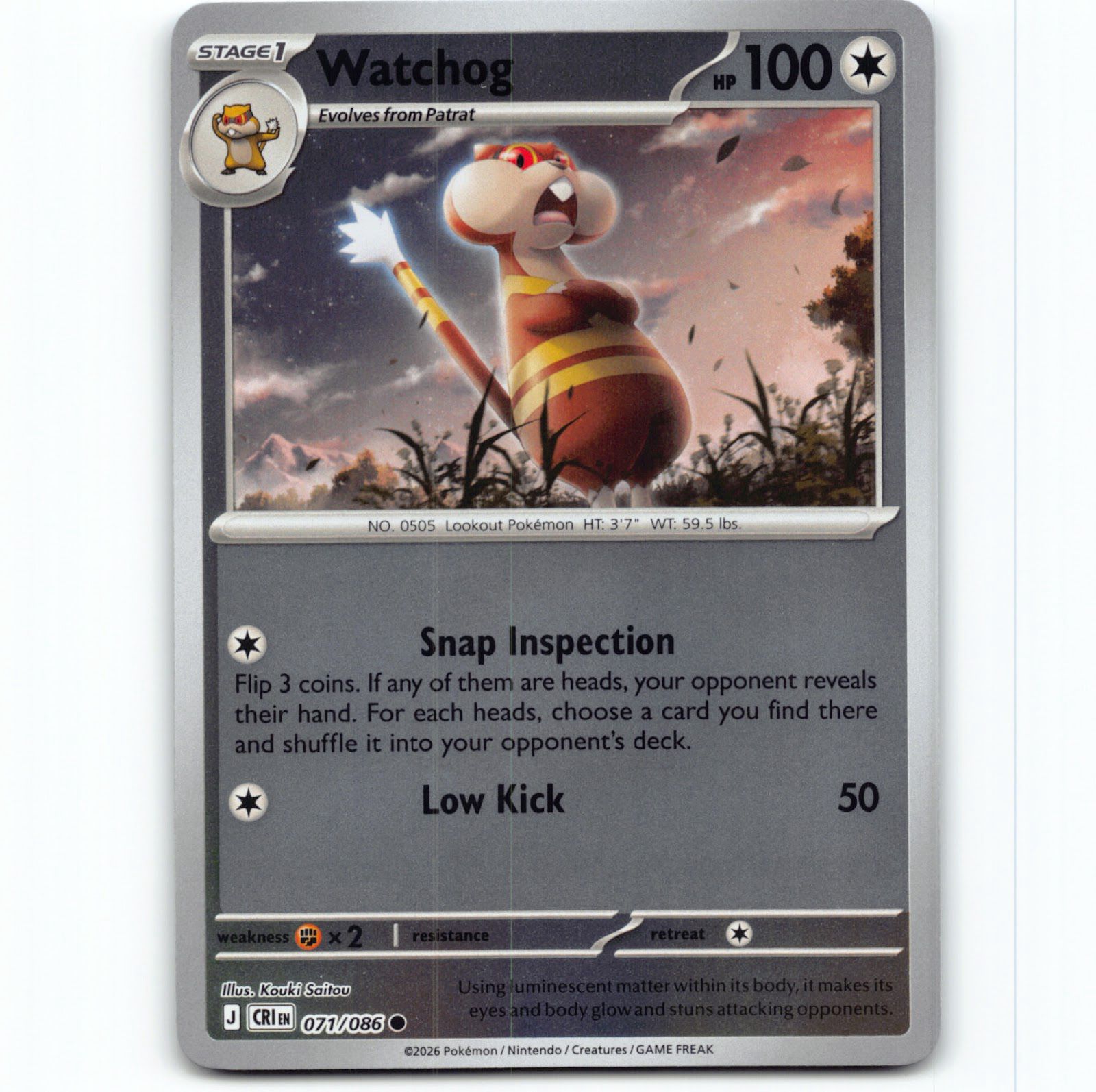 Pokémon Watchog CRI EN 071/086 Reverse Holo Pokemon Kort Chaos Rising Mega Evolution