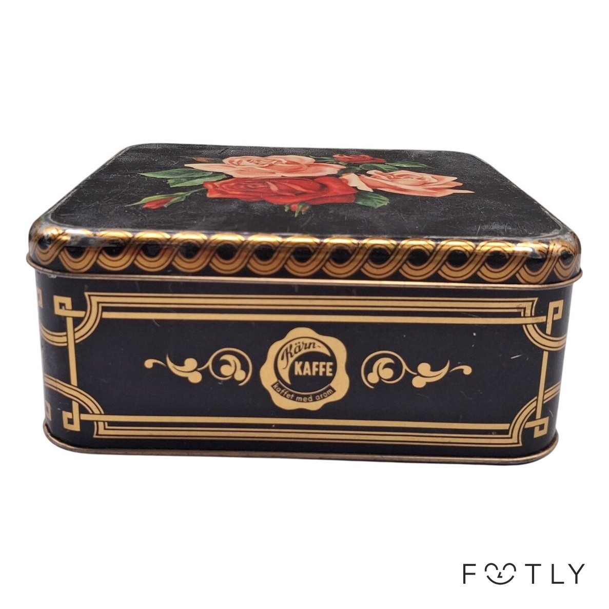 Kärn Kaffe Plåtburk Vintage Svart Rosor Blommor Plåtask Kaffeburk Retro