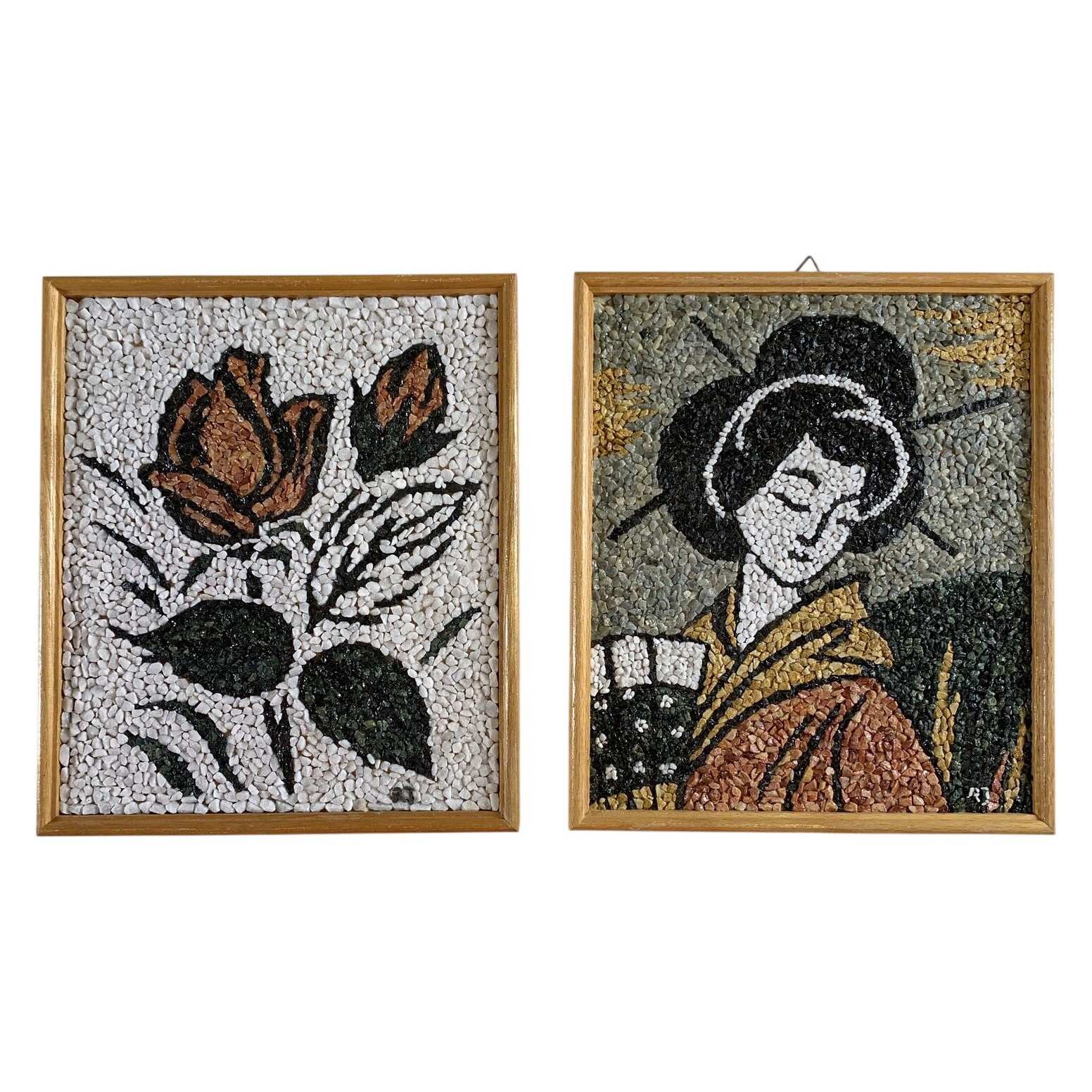 2 st Mosaiktavlor Blommor Geisha Retro Väggdekoration Färgade Stenar