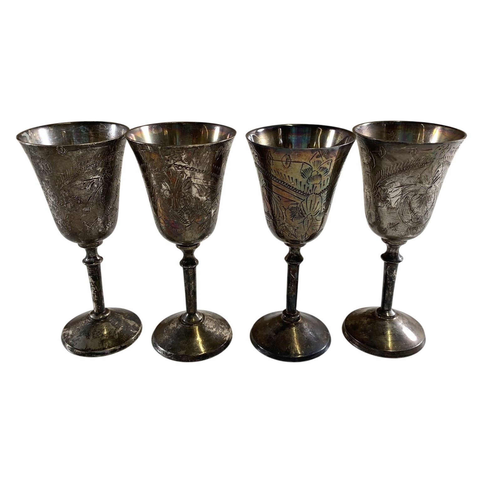 Nysilver 4 st Glas på Fot EPNS Graverade Ny Silver Metall Vintage