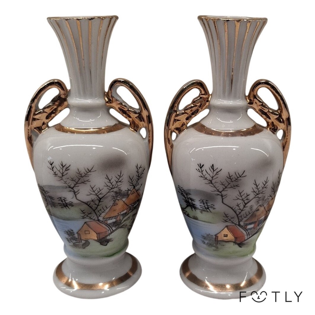 IMPORT 2 st Vas Vintage Porslin Handmålad Gulddekor Landskap Blomvas