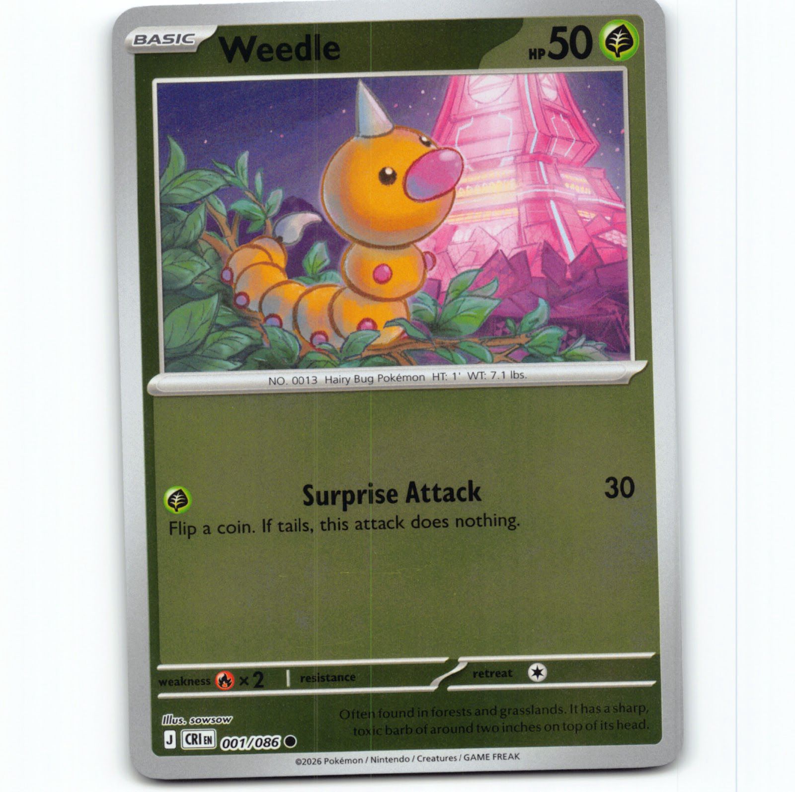 Pokémon Weedle CRI EN 001/086 Reverse Holo Pokemon Kort Chaos Rising Mega Evolution