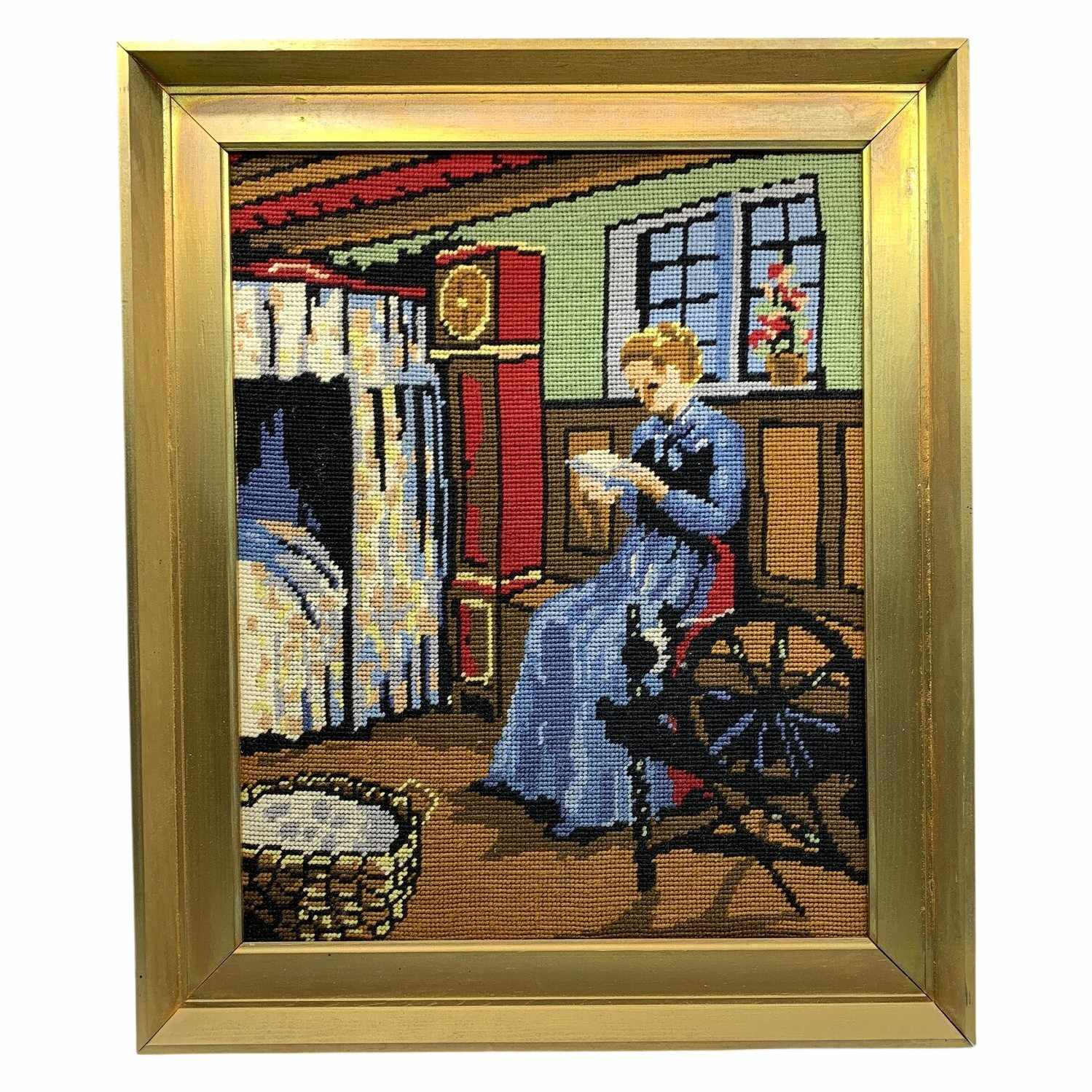 Broderad Tavla Kvinna Spinner Inramad Retro Heminredning Färggrann