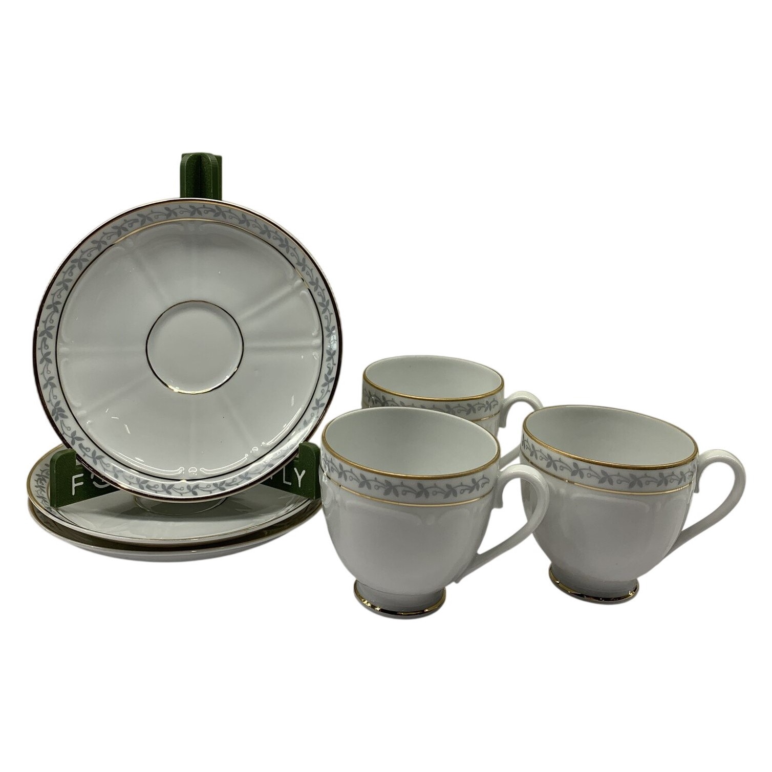 Upsala Ekeby Karlskrona 3 St Kaffekoppar med Fat Porslin Gulddekor KP Sweden
