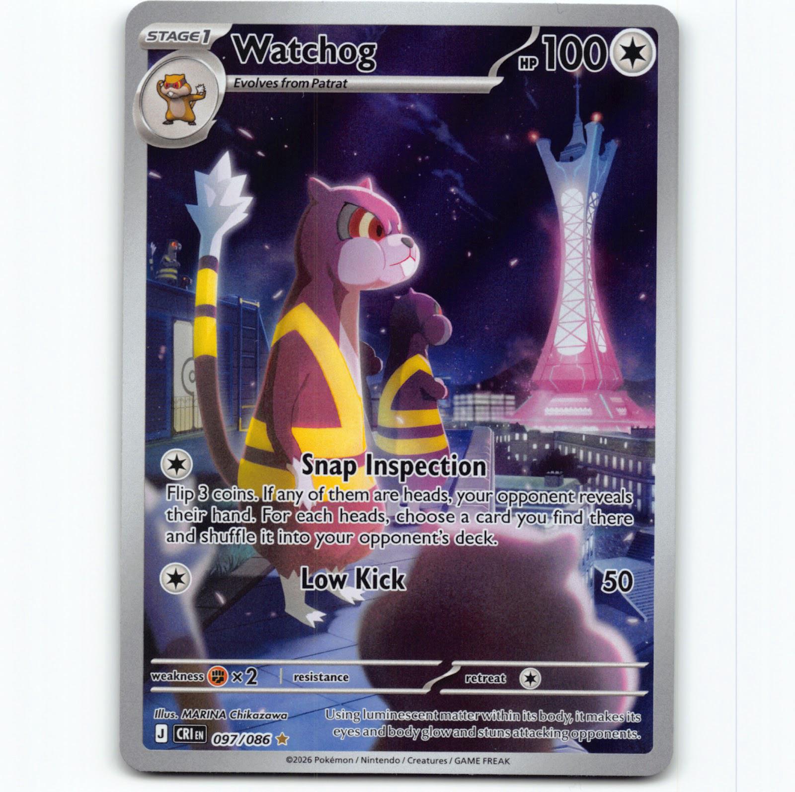 Pokémon Watchog CRI EN 097/086 Illustration Rare Holo Pokemon Kort Chaos Rising Mega Evolution
