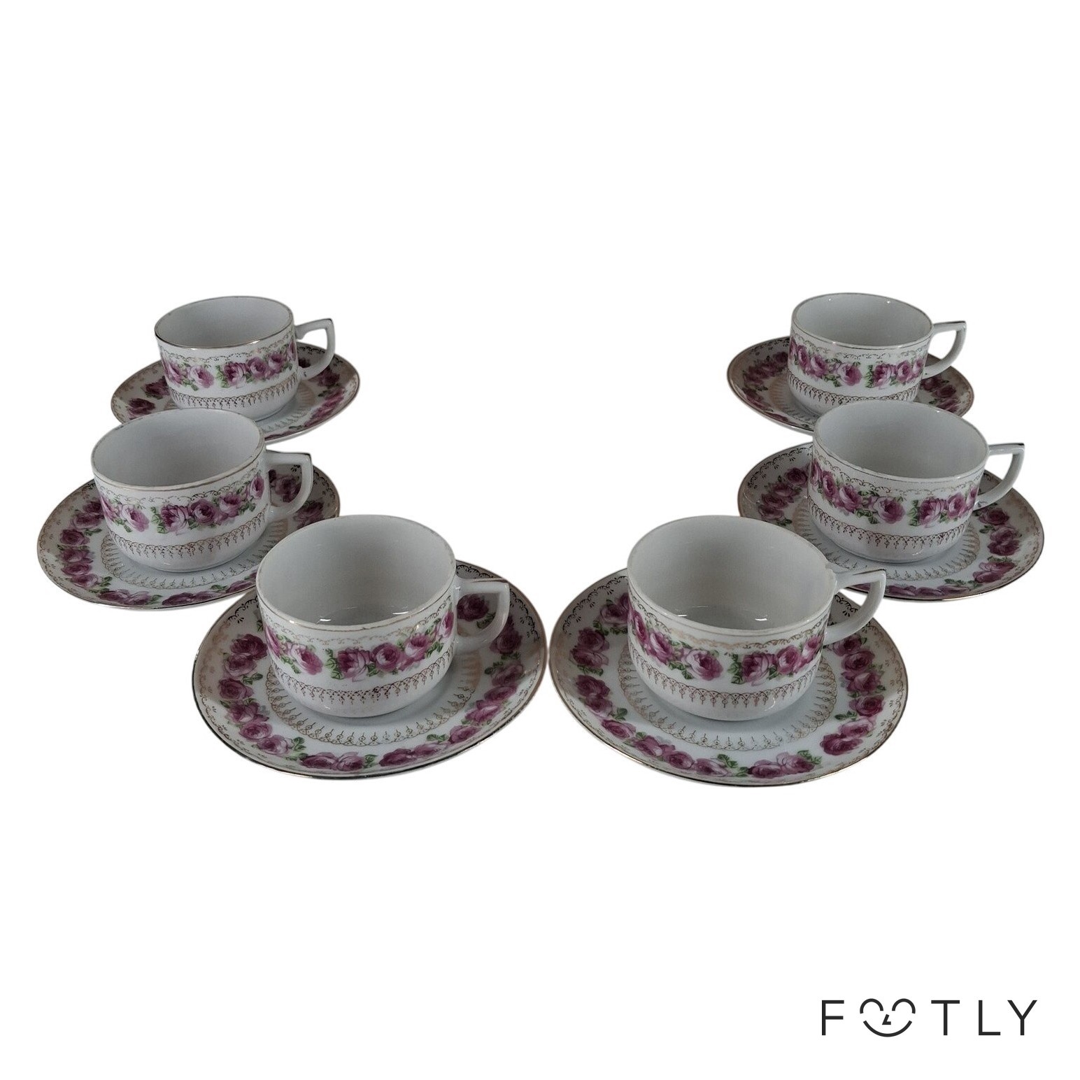 Rosen Terra 6 st Kaffekoppar Fat Vintage Porslin Rosor Blommig Vit Rosa Kopp Set