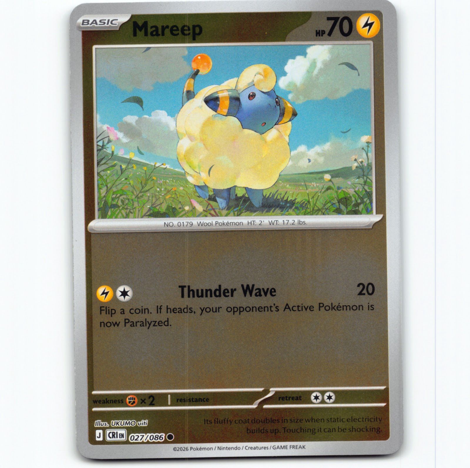 Pokémon Mareep CRI EN 027/086 Reverse Holo Pokemon Kort Chaos Rising Mega Evolution