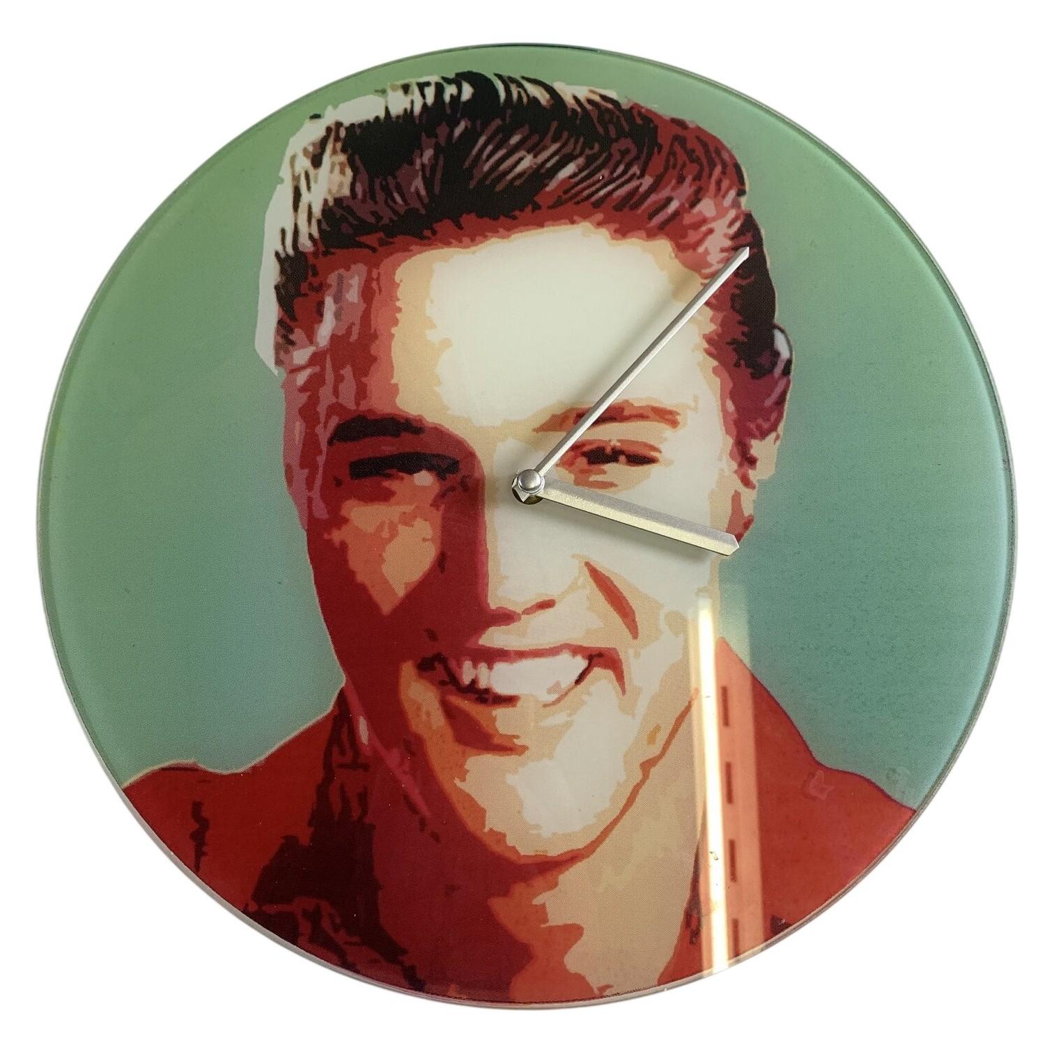 Väggklocka Elvis Presley The King Pop Art Glas Grön Röd Porträtt Retro Klocka