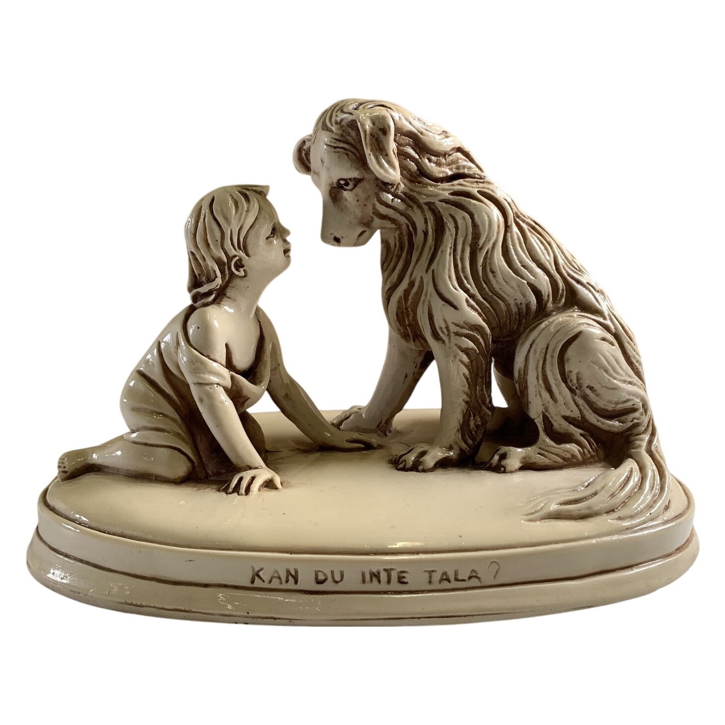 Skulptur Kan Du Inte Tala Barn Hund Vintage Beige Staty Figur Dekor