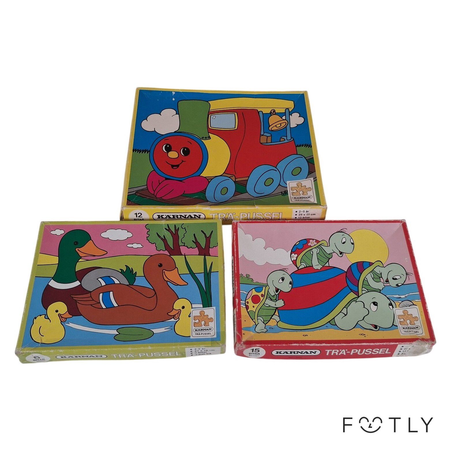 Kärnan 3 st Träpussel Barn Vintage 6 12 15 Bitar Tåg Sköldpadda Anka Pussel