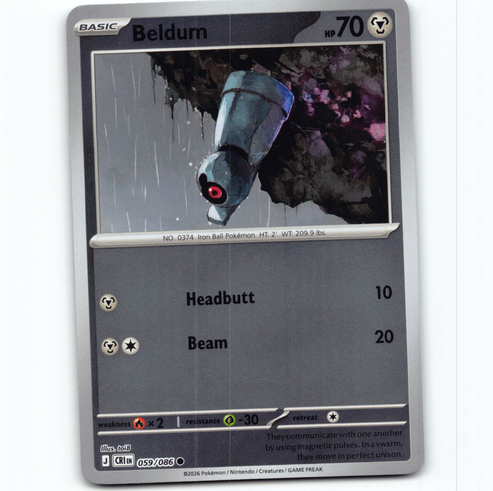 Pokémon Beldum CRI EN 059/086 Reverse Holo Pokemon Kort Chaos Rising Mega Evolution