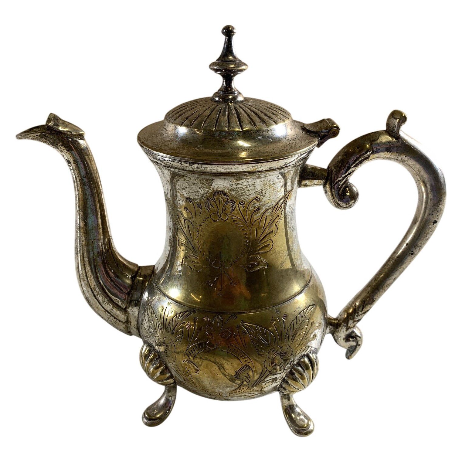 Nysilver Kaffekanna Metall Graverad Dekor Fötter Lock Vintage Ny Silver
