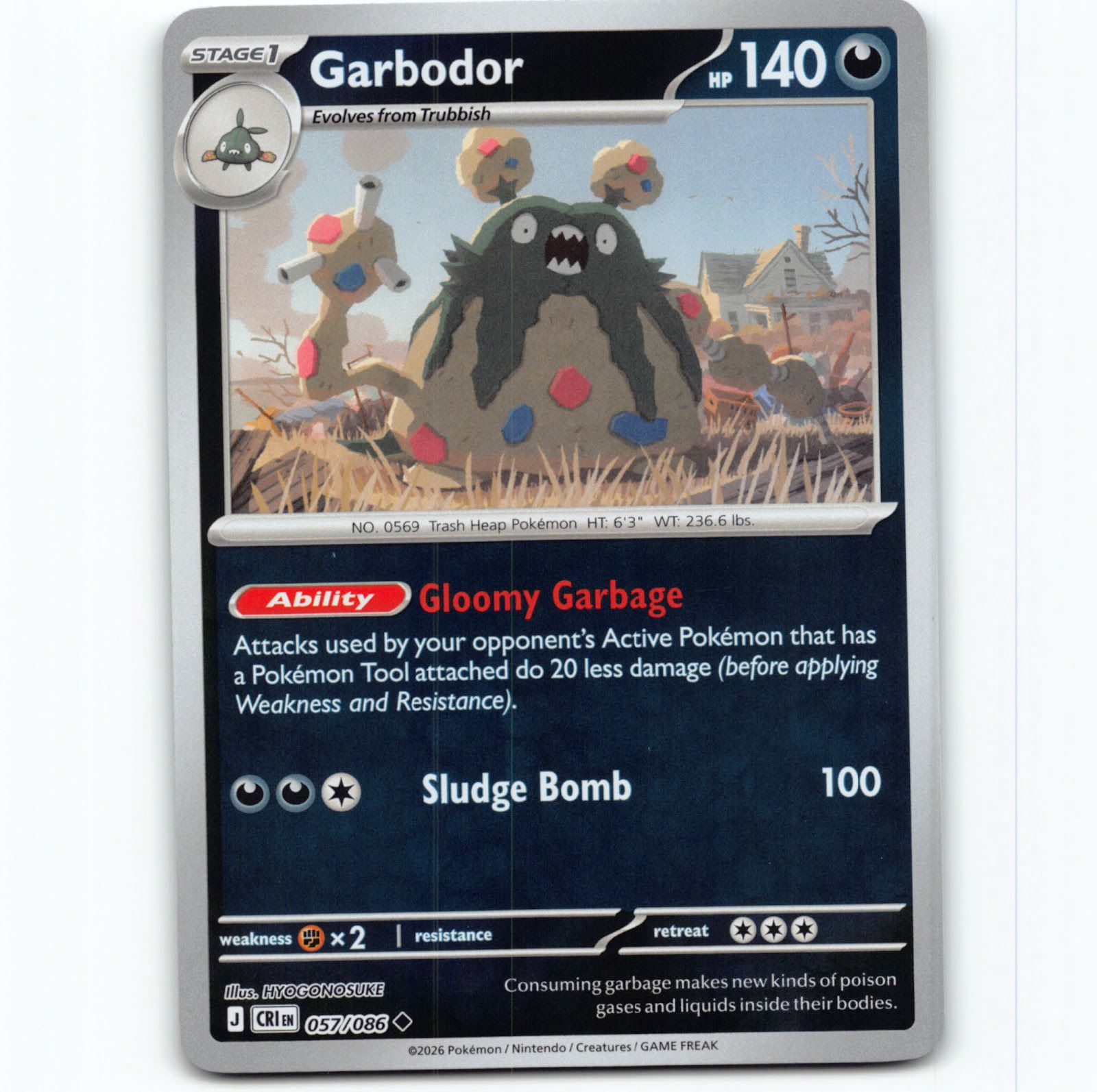Pokémon Garbodor CRI EN 057/086 Reverse Holo Pokemon Kort Chaos Rising Mega Evolution