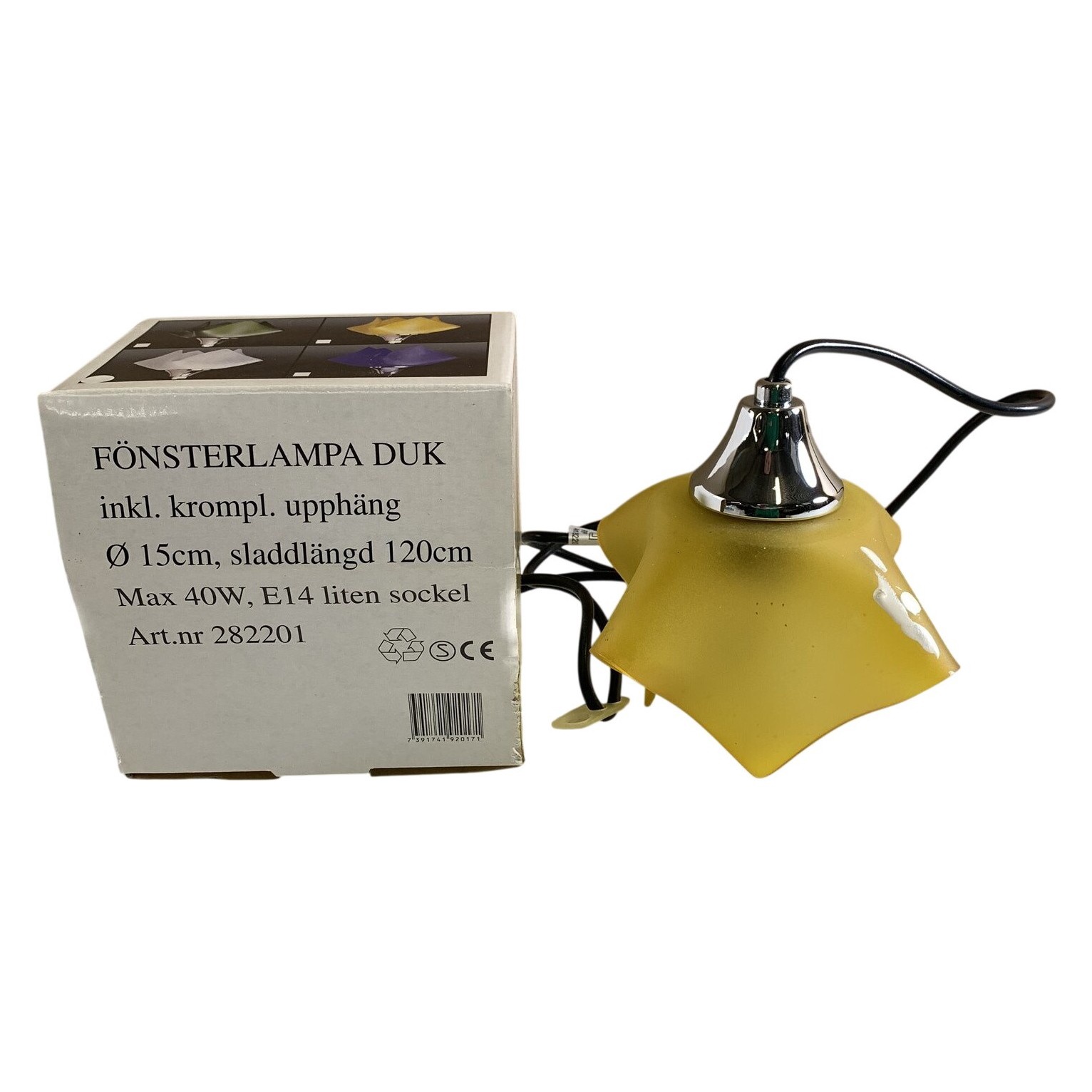 Fönsterlampa Duk Gul Glas Krom Ø15cm Sladd 120cm E14 Sockel Retro