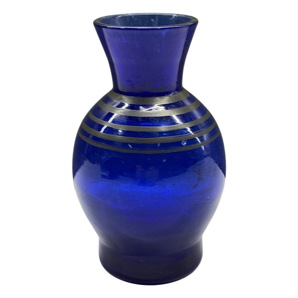 Koboltblå Vas Blått Glas Randig Dekor Retro