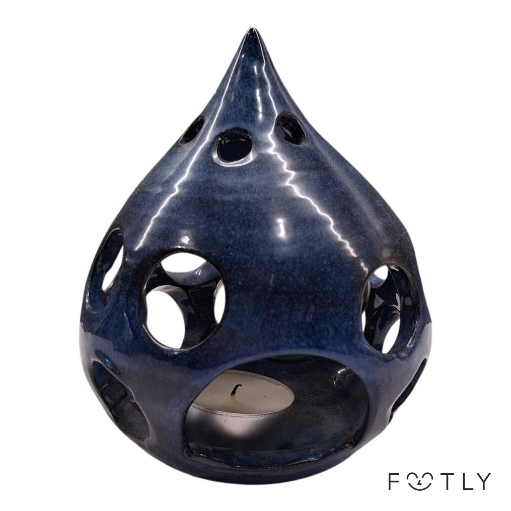 Signerad Ljuslykta Keramik Blå Handgjord Vintage Hängande Tealight Ljushållare
