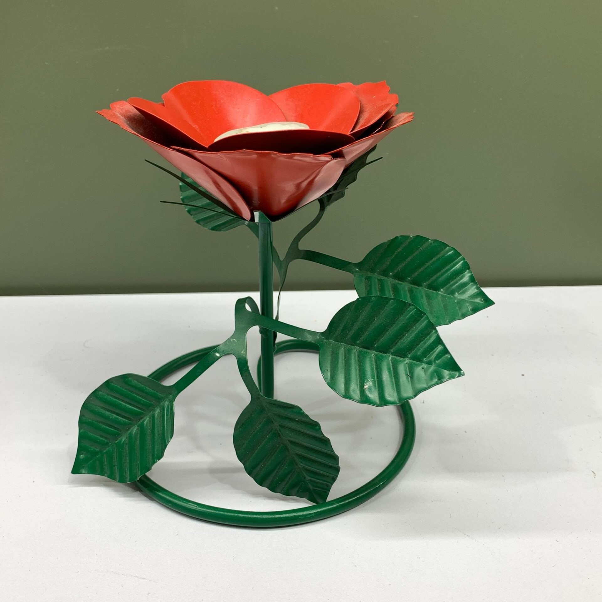 Ros Metall Röd Grön Ljushållare Blomma Retro Vintage